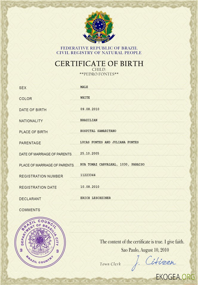 Modèle PSD de certificat de naissance de l'état civil du Brésil